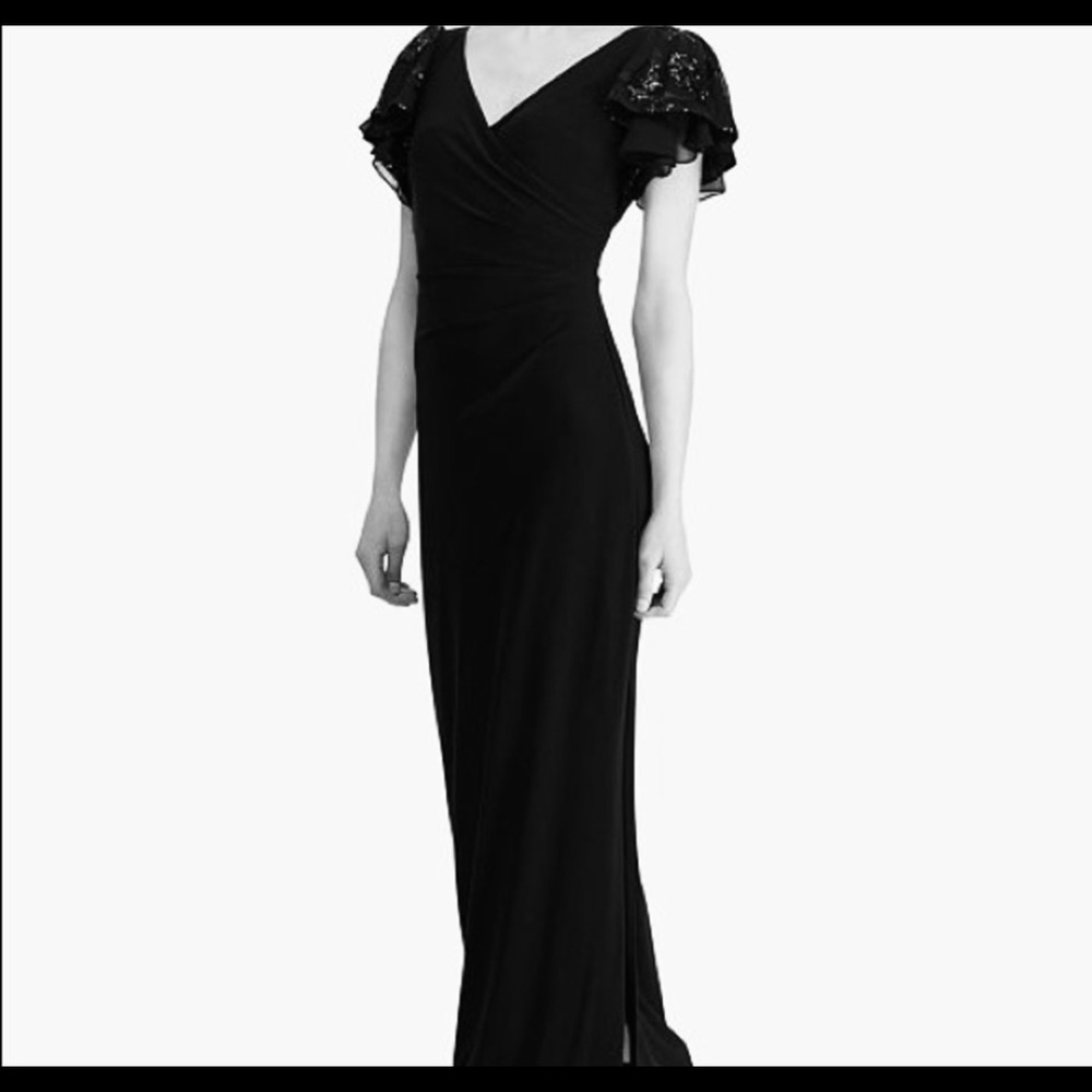 Lauren Ralph Lauren “Black Label” Flutter-Sleeve Gown with Sequins Black Size 6